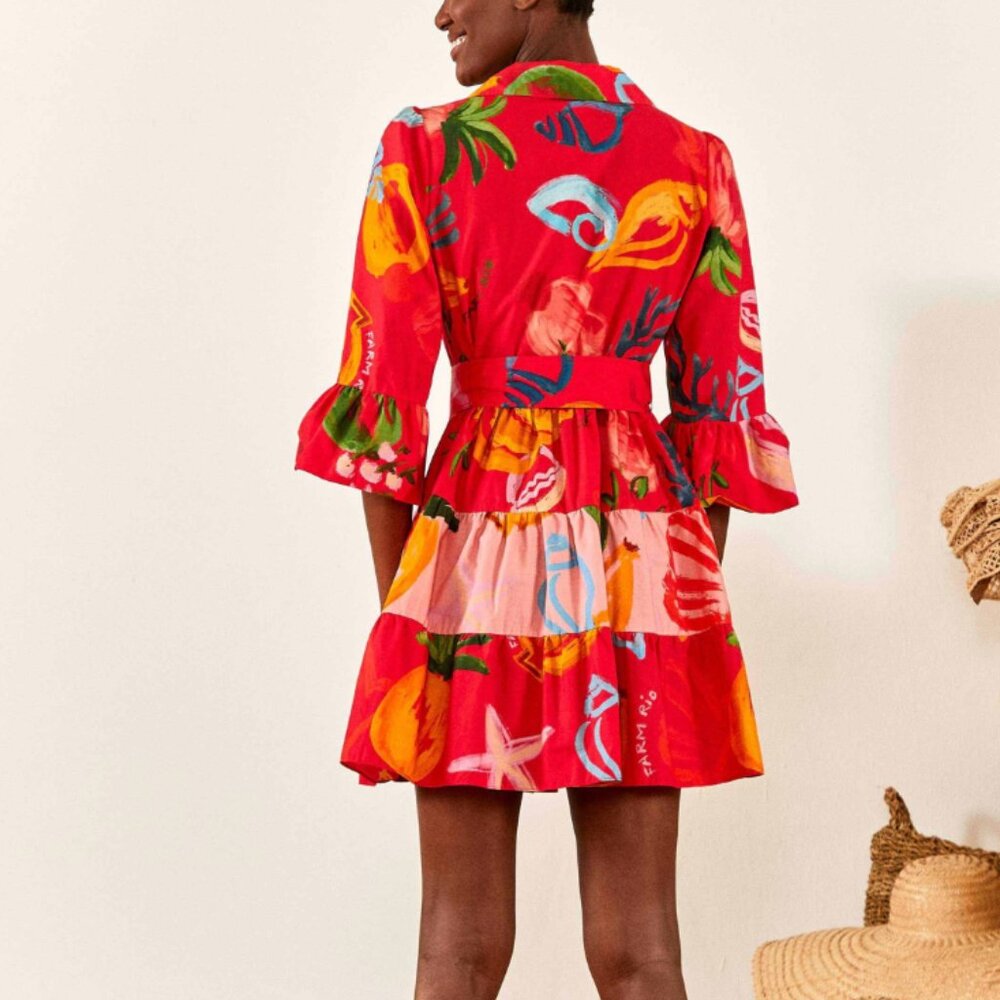 FARM Rio Mixed Fruits Ocean Belted Mini Dress Spring - Picture 2 of 15